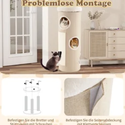 4 Ebenen Kratztonne mit 3 Höhlen & 2 Sisal-Kratzbrettern & Plüschbett Katzentonne