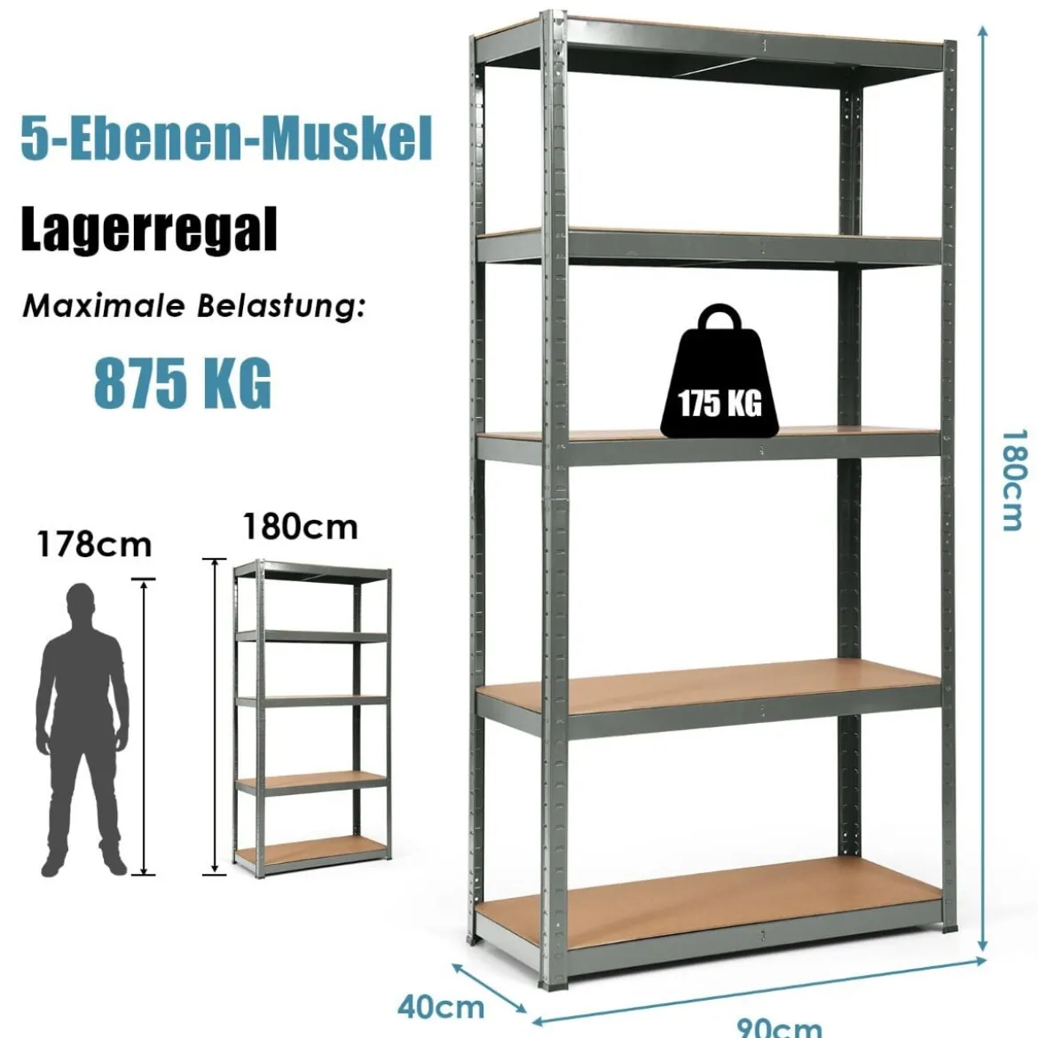 5 Ebenen Lagerregal Platzsparendes Schwerlastregal Steckregal Metallregal