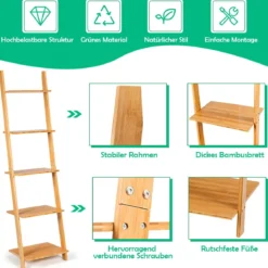 5 Ebenen Leiterregal aus Bambus Schmal Bücherregal Standregal 43 x 35 x 165 cm Natur