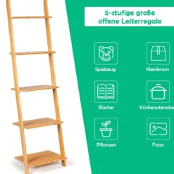 5 Ebenen Leiterregal aus Bambus Schmal Bücherregal Standregal 43 x 35 x 165 cm Natur