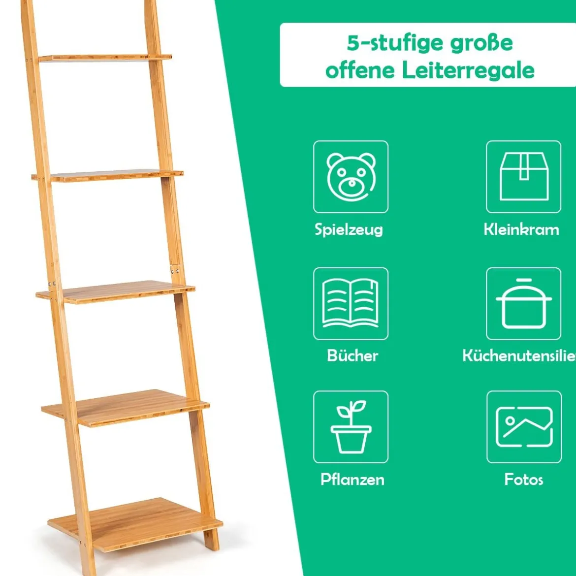 5 Ebenen Leiterregal aus Bambus Schmal Bücherregal Standregal 43 x 35 x 165 cm Natur