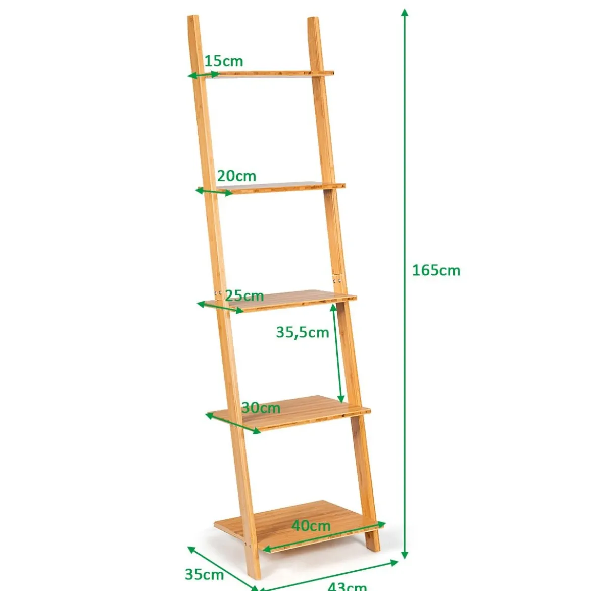 5 Ebenen Leiterregal aus Bambus Schmal Bücherregal Standregal 43 x 35 x 165 cm Natur