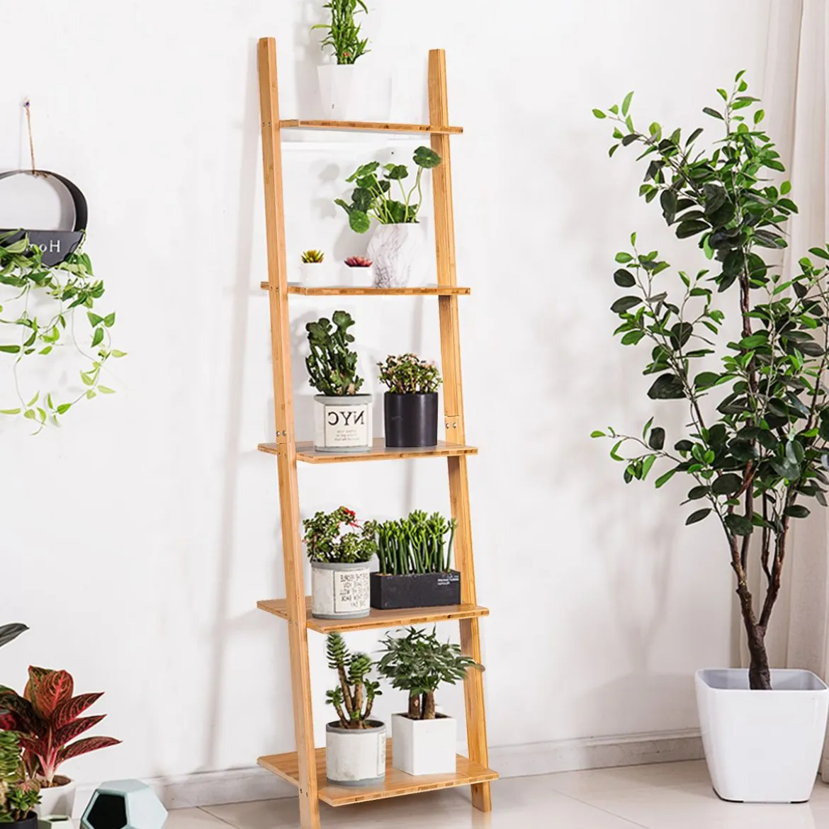 5 Ebenen Leiterregal aus Bambus Schmal Bücherregal Standregal 43 x 35 x 165 cm Natur