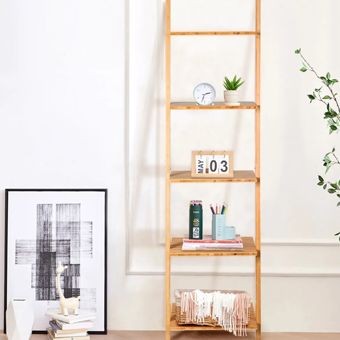 5 Ebenen Leiterregal aus Bambus Schmal Bücherregal Standregal 43 x 35 x 165 cm Natur