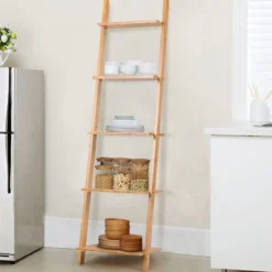 5 Ebenen Leiterregal aus Bambus Schmal Bücherregal Standregal 43 x 35 x 165 cm Natur