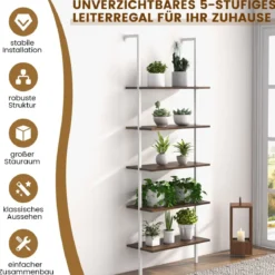 5 Ebenen Leiterregal Wandmotage 180cm Bücherregal mit Metallrahmen Braun