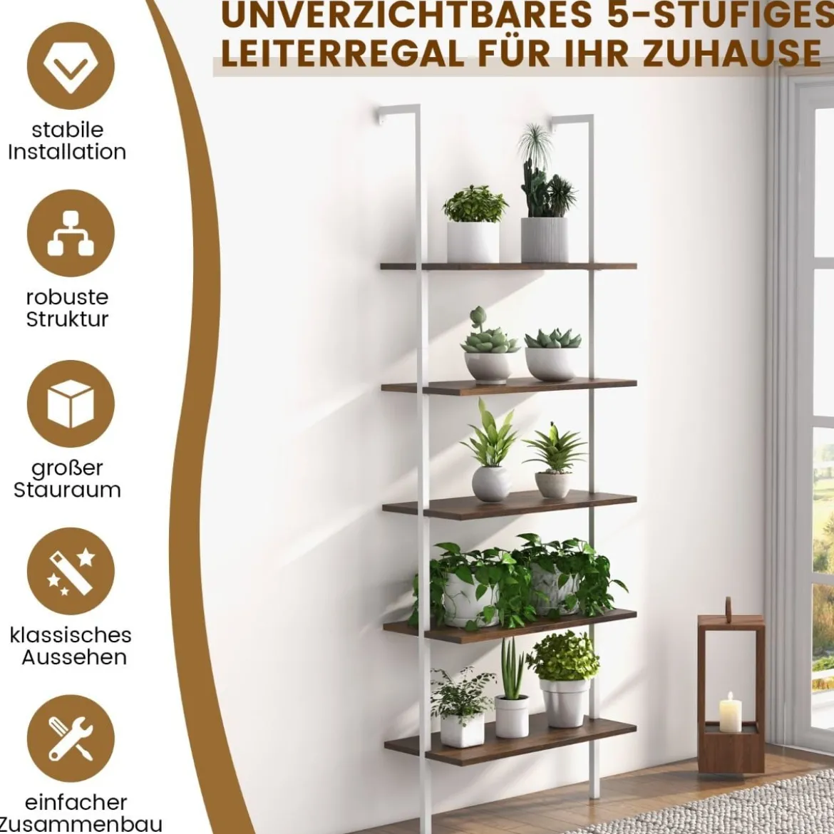 5 Ebenen Leiterregal Wandmotage 180cm Bücherregal mit Metallrahmen Braun