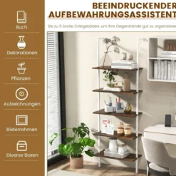 5 Ebenen Leiterregal Wandmotage 180cm Bücherregal mit Metallrahmen Braun