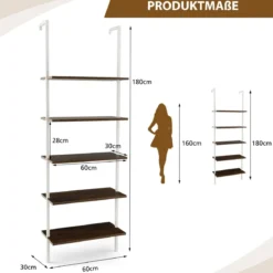 5 Ebenen Leiterregal Wandmotage 180cm Bücherregal mit Metallrahmen Braun