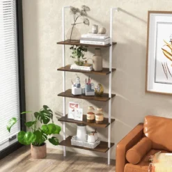 5 Ebenen Leiterregal Wandmotage 180cm Bücherregal mit Metallrahmen Braun