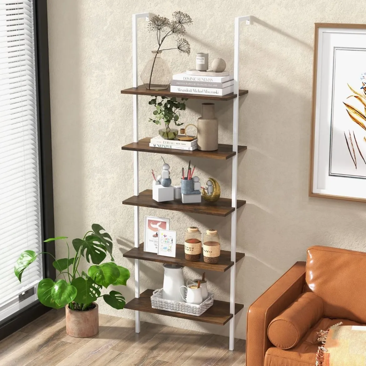 5 Ebenen Leiterregal Wandmotage 180cm Bücherregal mit Metallrahmen Braun