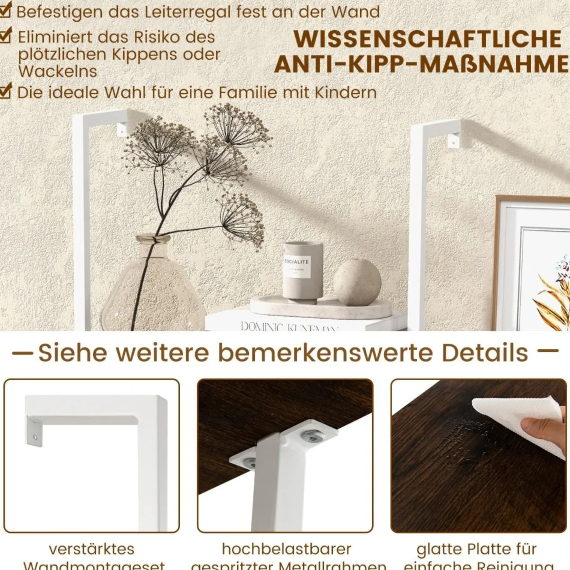 5 Ebenen Leiterregal Wandmotage 180cm Bücherregal mit Metallrahmen Braun