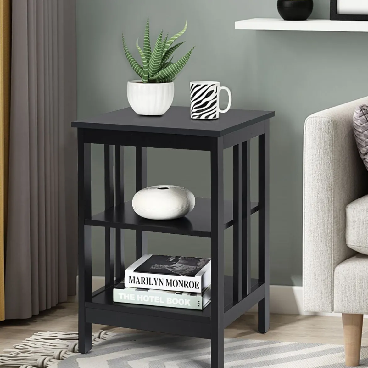 3 Ebenen Nachttisch mit Regal für Schlafzimmer 40x40x61cm Schwarz II-Förmig