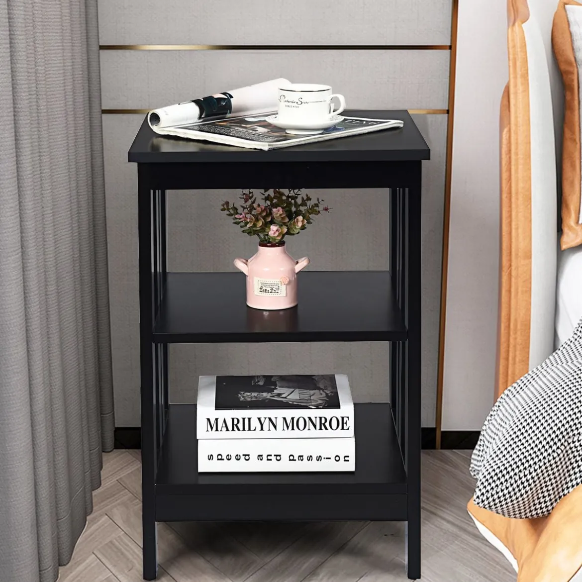3 Ebenen Nachttisch mit Regal für Schlafzimmer 40x40x61cm Schwarz II-Förmig