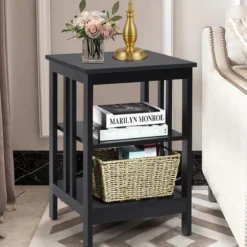 3 Ebenen Nachttisch mit Regal für Schlafzimmer 40x40x61cm Schwarz II-Förmig