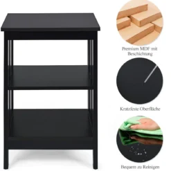 3 Ebenen Nachttisch mit Regal für Schlafzimmer 40x40x61cm Schwarz II-Förmig