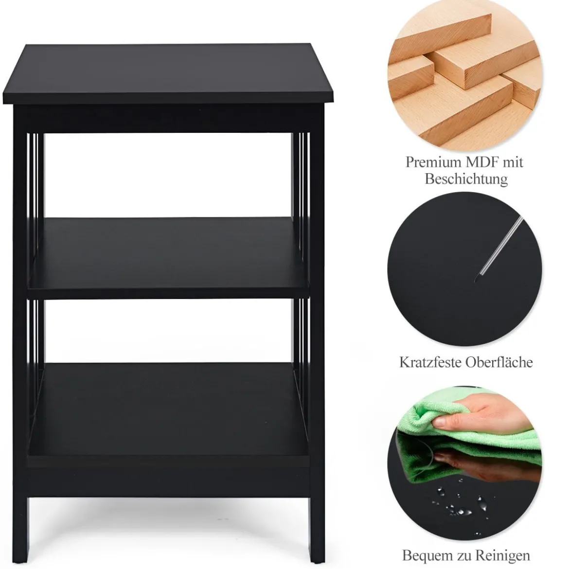 3 Ebenen Nachttisch mit Regal für Schlafzimmer 40x40x61cm Schwarz II-Förmig