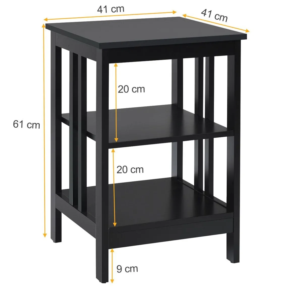 3 Ebenen Nachttisch mit Regal für Schlafzimmer 40x40x61cm Schwarz II-Förmig
