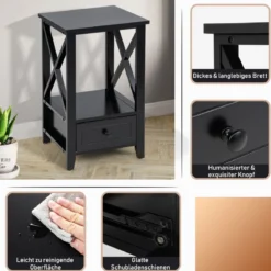 2 Ebenen Nachttisch mit Schublade Beistelltisch Holz 40 x 30 x 61,5cm Schwarz