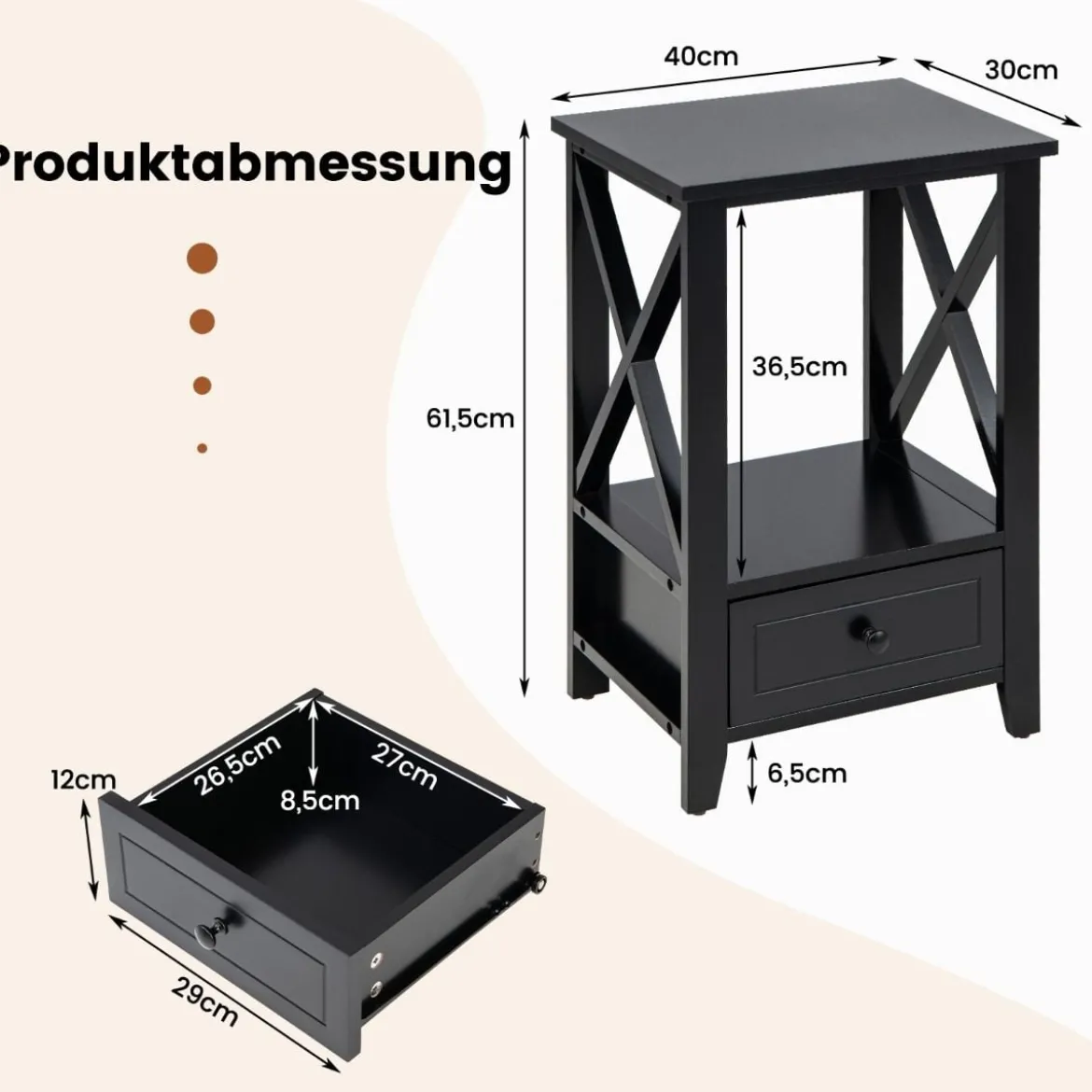 2 Ebenen Nachttisch mit Schublade Beistelltisch Holz 40 x 30 x 61,5cm Schwarz