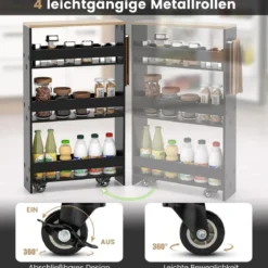 4 Ebenen Nischenregal auf Rollen aus Holz mit Griff Küchenwagen 48 x 13 x 81 cm Schwarz + Natur