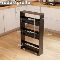 4 Ebenen Nischenregal auf Rollen aus Holz mit Griff Küchenwagen 48 x 13 x 81 cm Schwarz + Braun