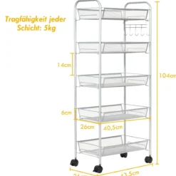 5-Ebenen Rollwagen Küchentrolley Gitter-Regal Küchenwagen mit Rollen aus Metall Grau