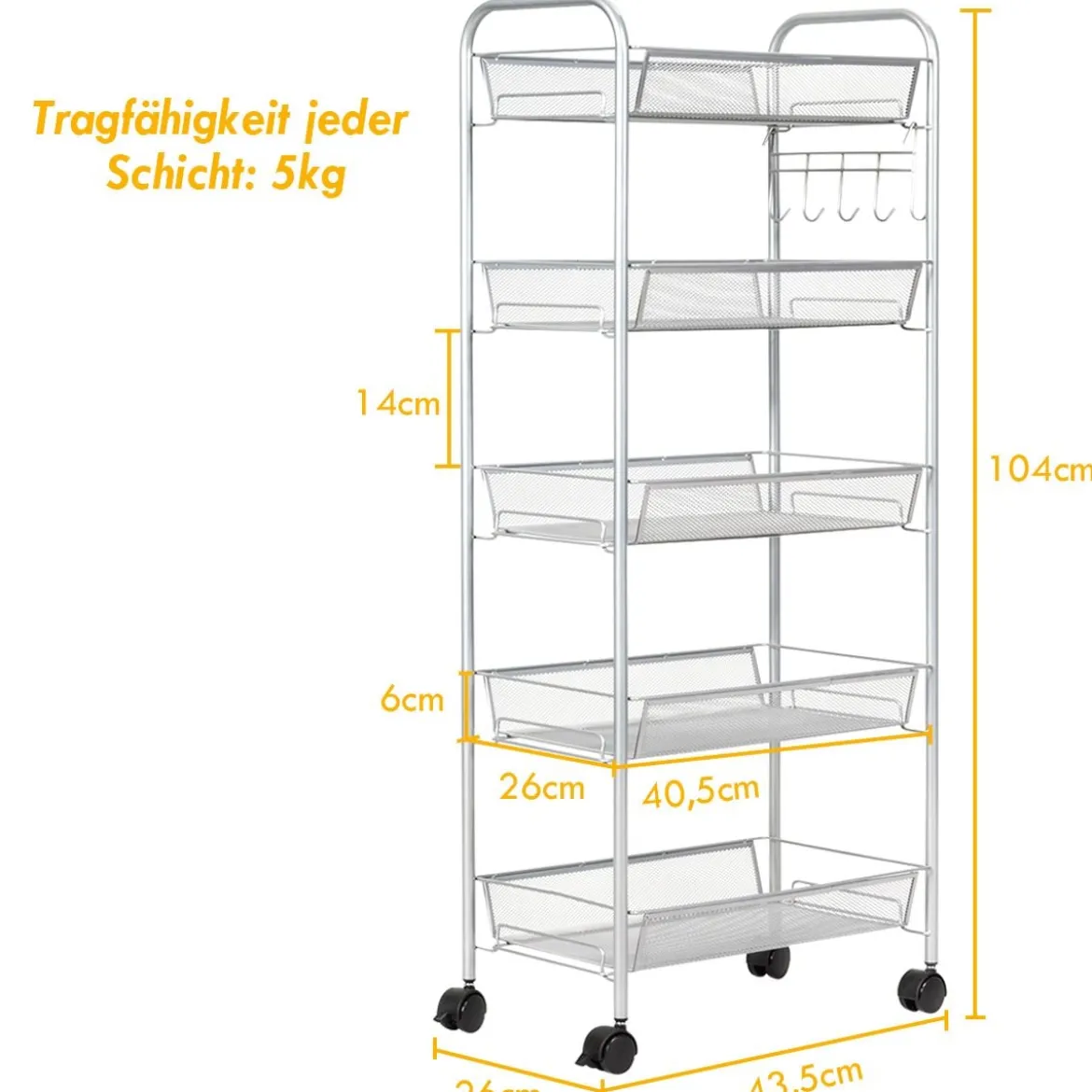 5-Ebenen Rollwagen Küchentrolley Gitter-Regal Küchenwagen mit Rollen aus Metall Grau