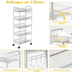 5-Ebenen Rollwagen Küchentrolley Gitter-Regal Küchenwagen mit Rollen aus Metall Grau