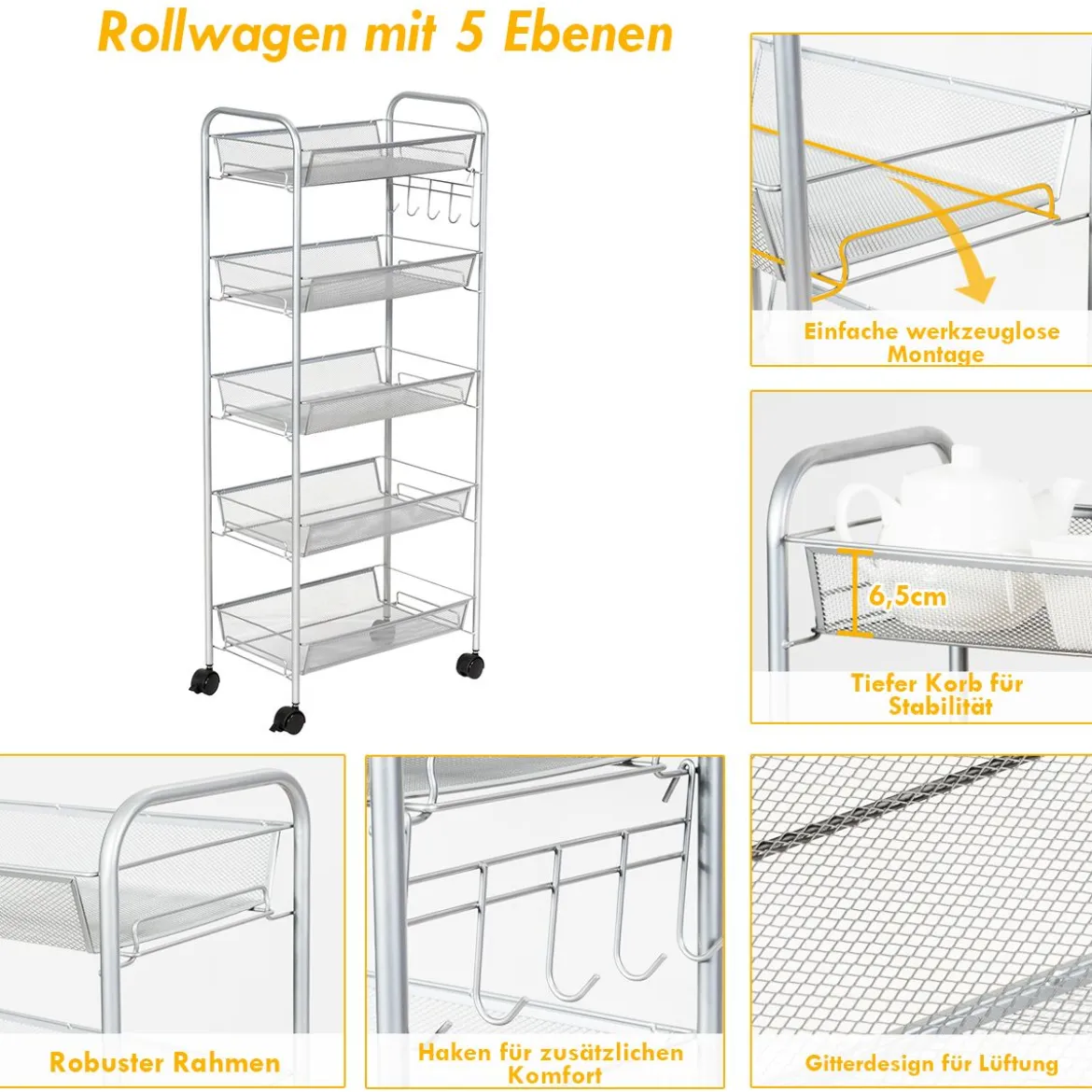 5-Ebenen Rollwagen Küchentrolley Gitter-Regal Küchenwagen mit Rollen aus Metall Grau