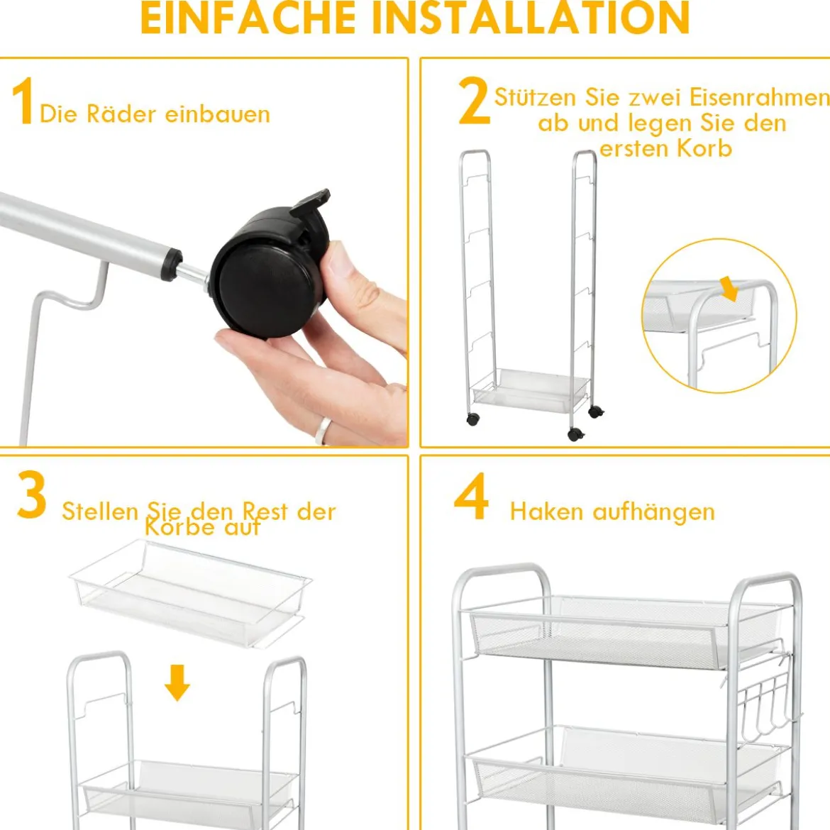 5-Ebenen Rollwagen Küchentrolley Gitter-Regal Küchenwagen mit Rollen aus Metall Grau