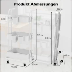 3 Ebenen Rollwagen klappbar mobiler Servierwagen auf Rollen Küchenwagen aus Metall mit Griff Weiß