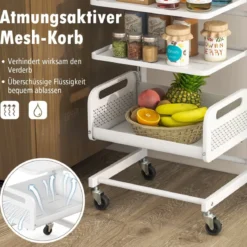 4 Ebenen Rollwagen mit Verstellbaren Regalen & Griff Servierwagen Küchenwagen Weiß
