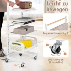 4 Ebenen Rollwagen mit Verstellbaren Regalen & Griff Servierwagen Küchenwagen Weiß