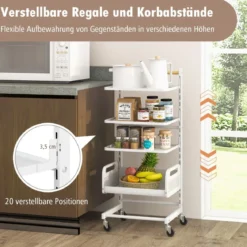 4 Ebenen Rollwagen mit Verstellbaren Regalen & Griff Servierwagen Küchenwagen Weiß
