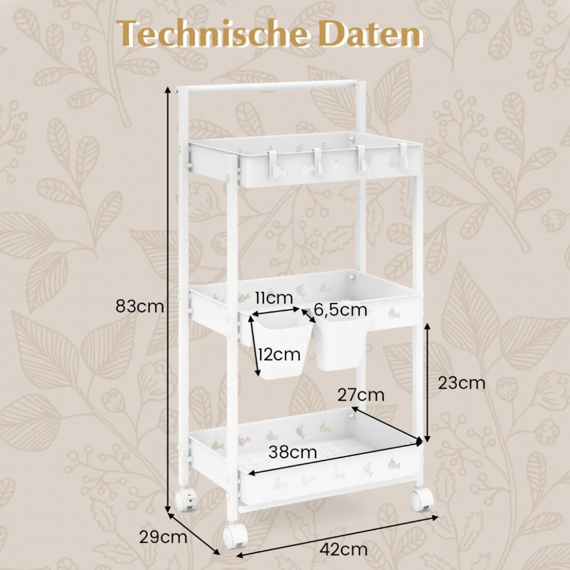 3 Ebenen Rollwagen Servierwagen mit Rollen Küchenwagen mit 2 Hängebechern 42 x 29 x 83 cm Weiß