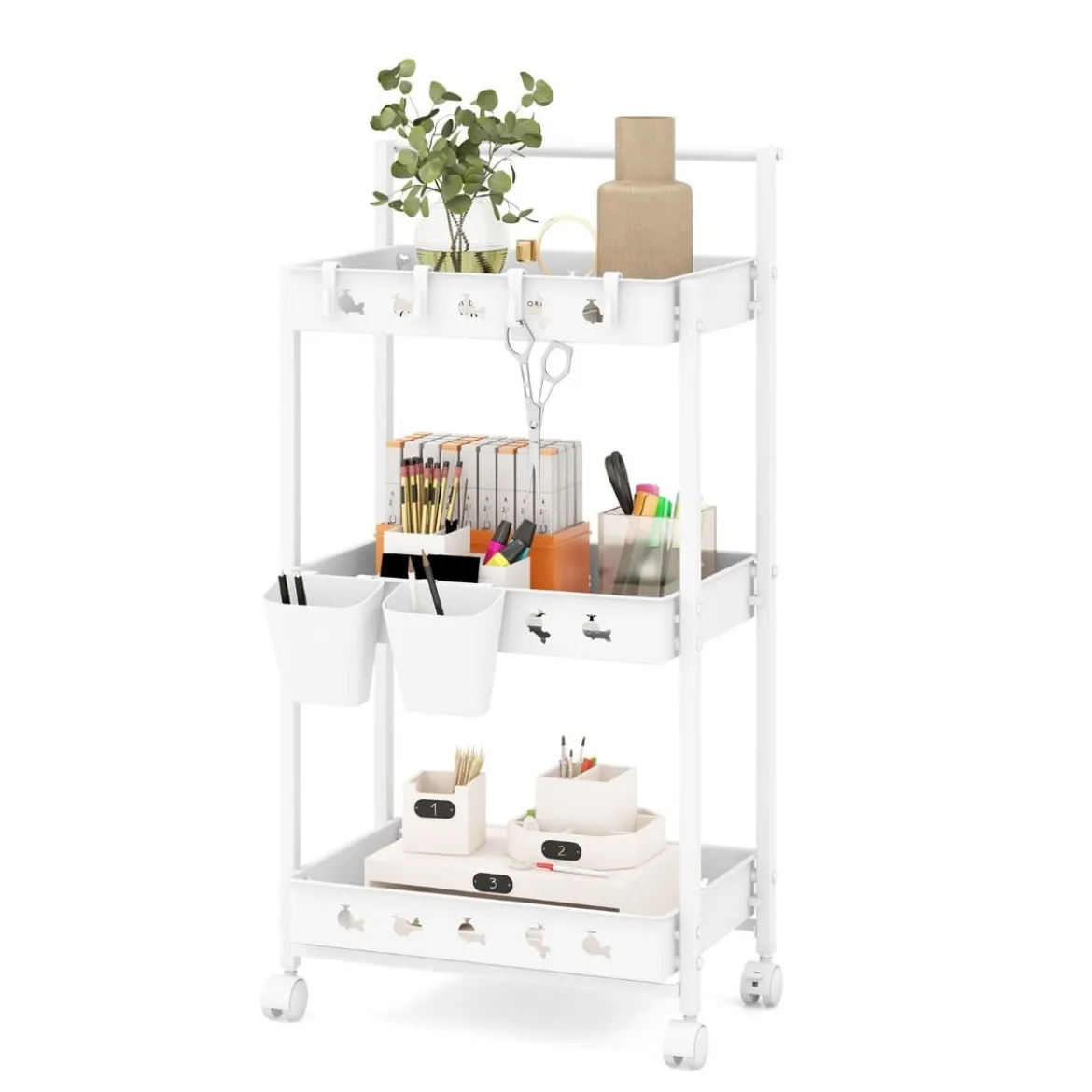 3 Ebenen Rollwagen Servierwagen mit Rollen Küchenwagen mit 2 Hängebechern 42 x 29 x 83 cm Weiß