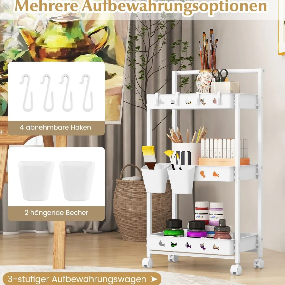 3 Ebenen Rollwagen Servierwagen mit Rollen Küchenwagen mit 2 Hängebechern 42 x 29 x 83 cm Weiß