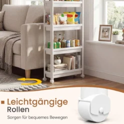 5 Ebenen Schmaler Küchenwagen auf Rollen mit Griffen Nischenregal Bad Rollwagen Weiß