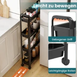 4 Ebenen Schmaler Küchenwagen auf Rollen mit Griffen Nischenregal Bad Rollwagen Schwarz