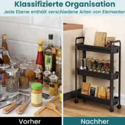 3 Ebenen Schmaler Küchenwagen auf Rollen mit Griffen Nischenregal Bad Rollwagen Schwarz