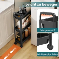 3 Ebenen Schmaler Küchenwagen auf Rollen mit Griffen Nischenregal Bad Rollwagen Schwarz