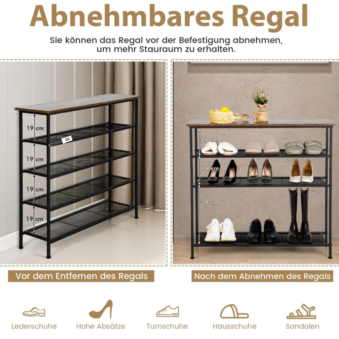 5 Ebenen Schuhregal aus Metall mit Abnehmbarer Regalen & Kippsicherung 100 x 30 x 93cm