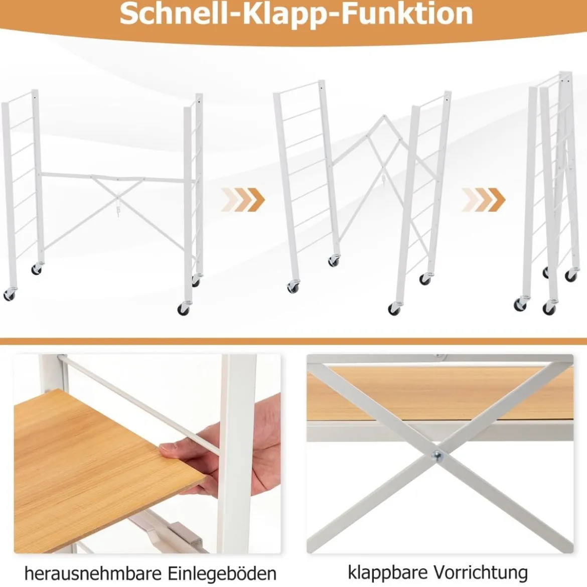 3 Ebenen Servierwagen klappbar Küchenwagen mit abnehmbaren Rädern & höhenverstellbaren Regalböden 76 x 36 x 86 cm
