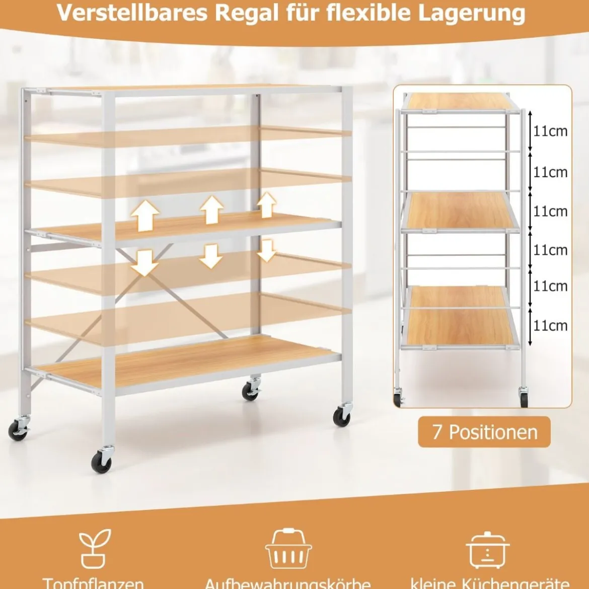 3 Ebenen Servierwagen klappbar Küchenwagen mit abnehmbaren Rädern & höhenverstellbaren Regalböden 76 x 36 x 86 cm