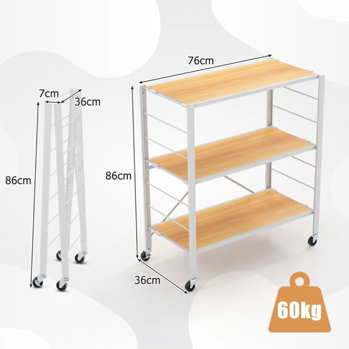 3 Ebenen Servierwagen klappbar Küchenwagen mit abnehmbaren Rädern & höhenverstellbaren Regalböden 76 x 36 x 86 cm