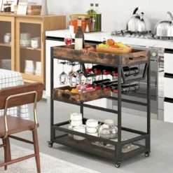 3 Ebenen Servierwagen mit Rollen & Abnehmbarer Ablage & Weinregal & Weinglashalter Braun