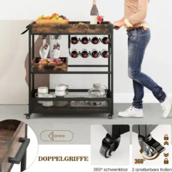 3 Ebenen Servierwagen mit Rollen & Abnehmbarer Ablage & Weinregal & Weinglashalter Braun