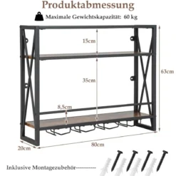 3 Ebenen Wand-Weinregal aus Metall mit Glashalter Industrial Design Rustikales Braun