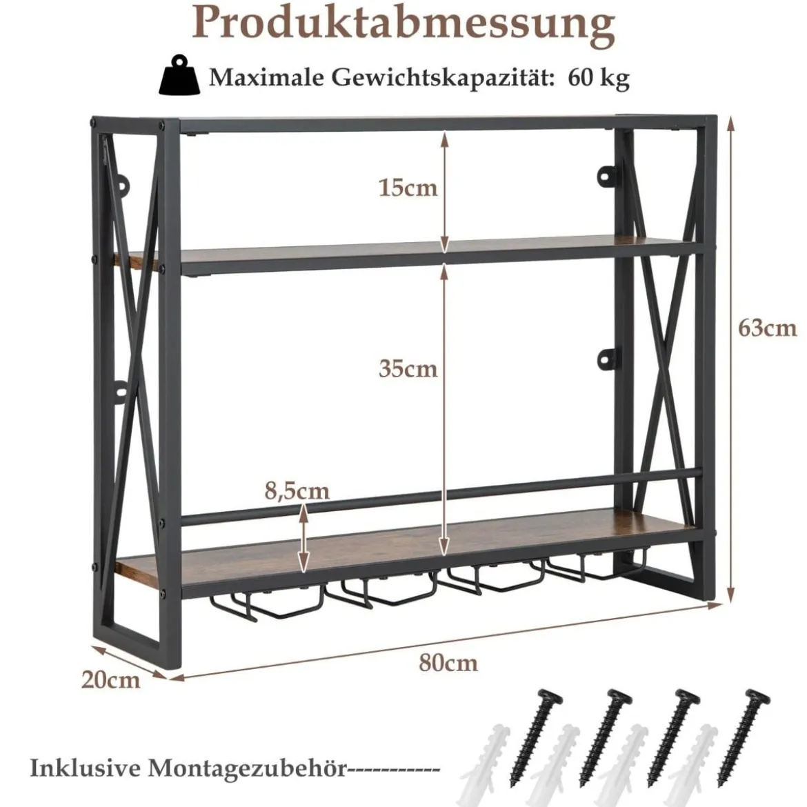 3 Ebenen Wand-Weinregal aus Metall mit Glashalter Industrial Design Rustikales Braun